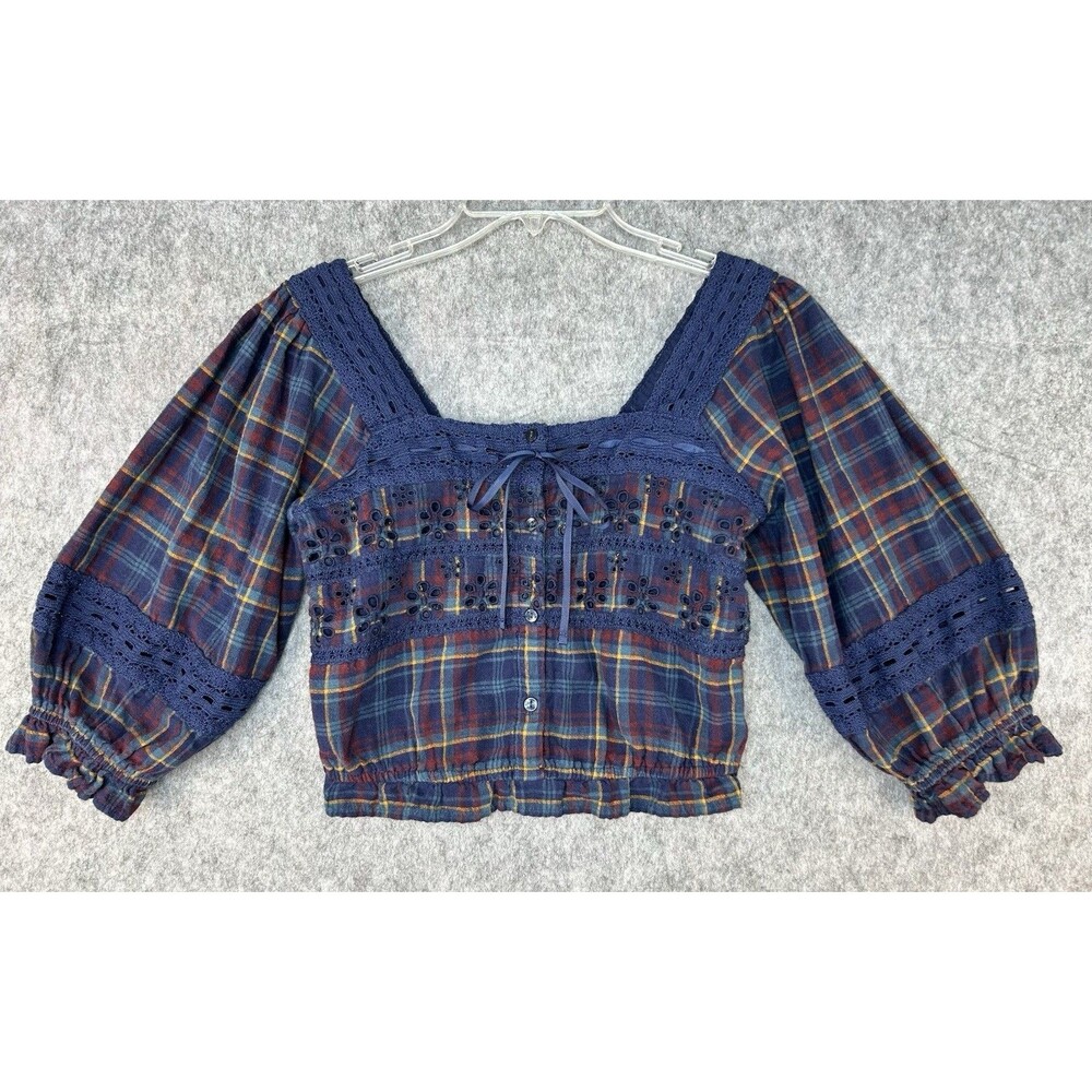 American Eagle Womens Cropped Top Size XS Coquette Boho Festival Milk Maid Plaid